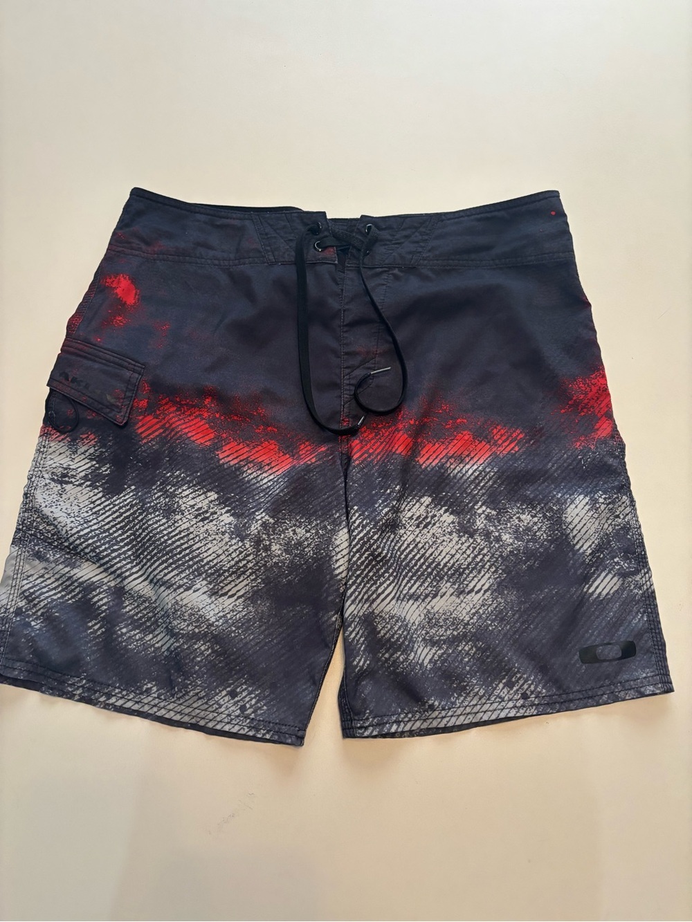 Men’s 2000s Oakley red, black, grey Y2K swim shorts software style